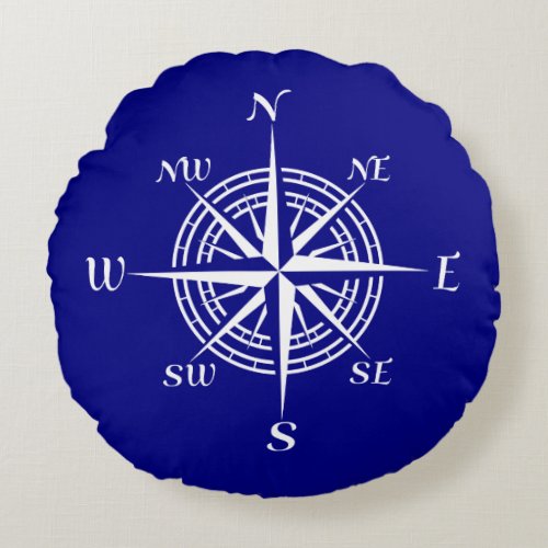 Navy Blue And White Coastal Decor Compass Rose Round Pillow