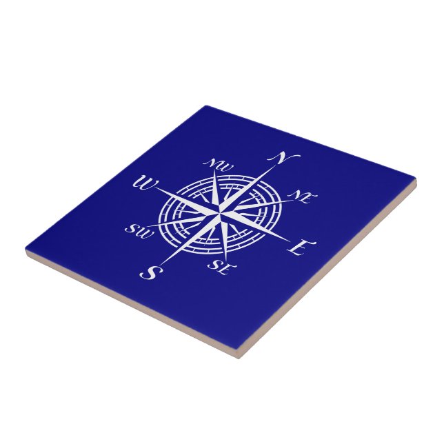 Navy Blue And White Coastal Decor Compass Rose Tile (Side)
