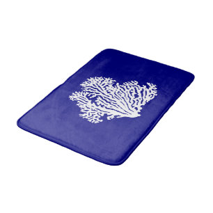 Navy Blue And White Coastal Decor Coral Bath Mat