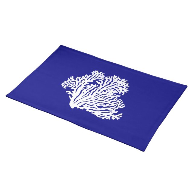 Navy Blue And White Coastal Decor Coral Cloth Placemat (On Table)