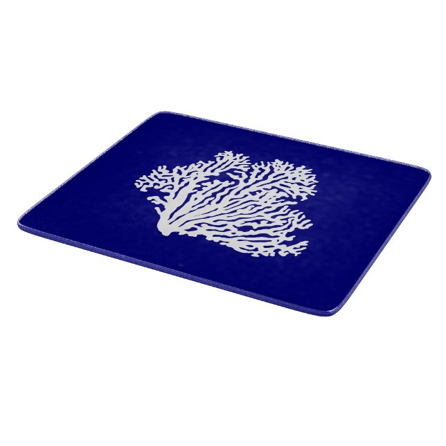 Navy Blue And White Coastal Decor Coral Cutting Board (Corner)