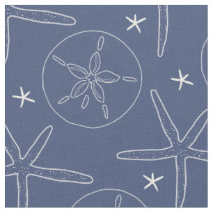 Navy Blue and White Coastal Starfish, Sand Dollar  Fabric