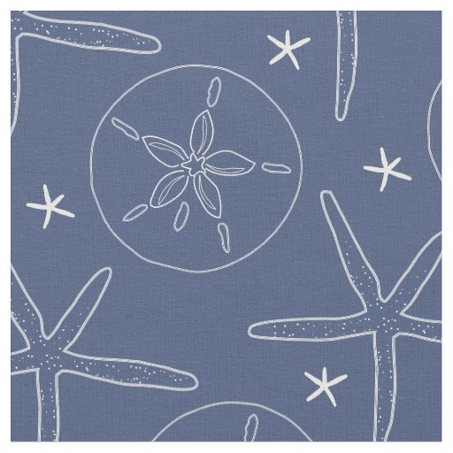 Navy Blue and White Coastal Starfish, Sand Dollar  Fabric