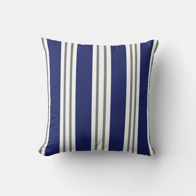 Navy Blue and White Coastal Stripes Throw Pillow (Front)