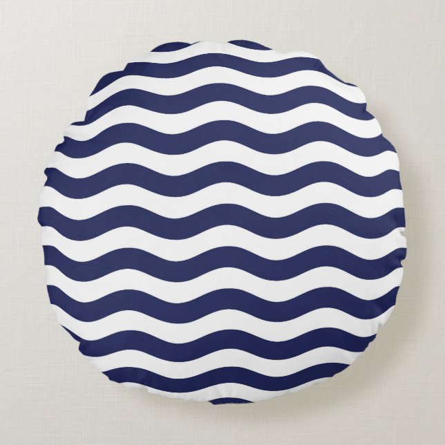 Navy Blue and White Coastal Wave Pattern Round Pillow (Front)