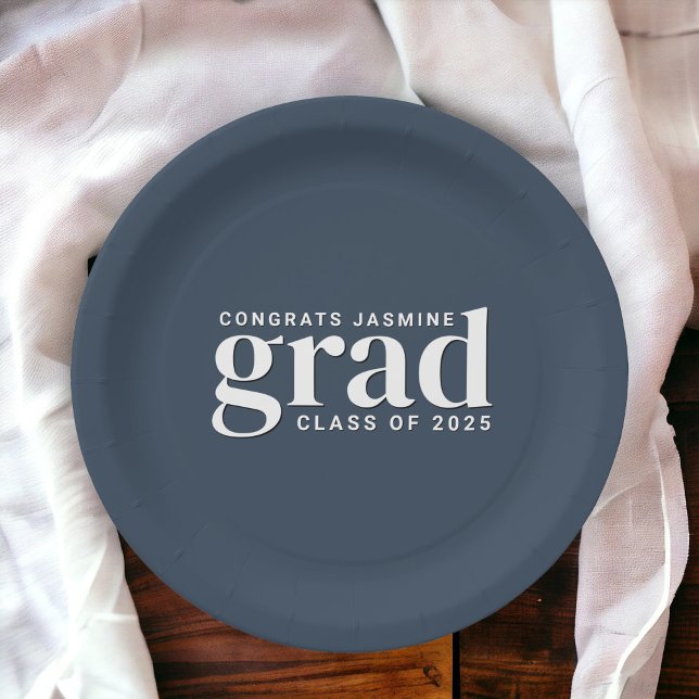 Navy Blue and White Congrats Grad with Class Year  Paper Plates (Creator Uploaded)