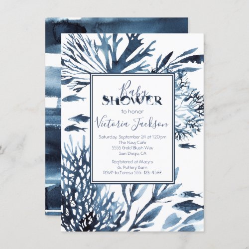 Navy Blue and White Coral Reef Baby Shower Invitation