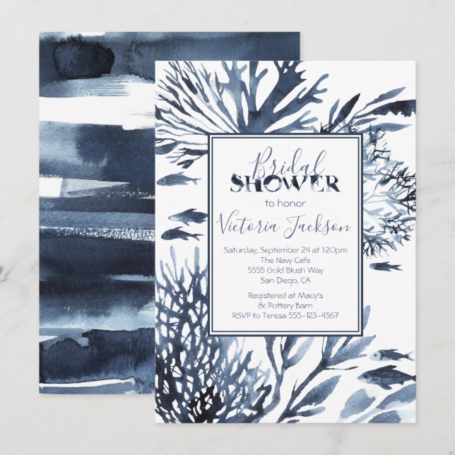 Navy Blue and White Coral Reef Bridal Shower Invitation (Front/Back)