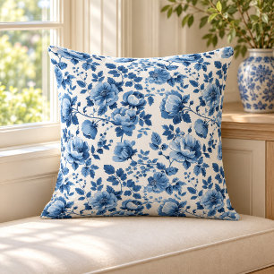 Navy Blue and White Cottage Floral Pattern Throw Pillow