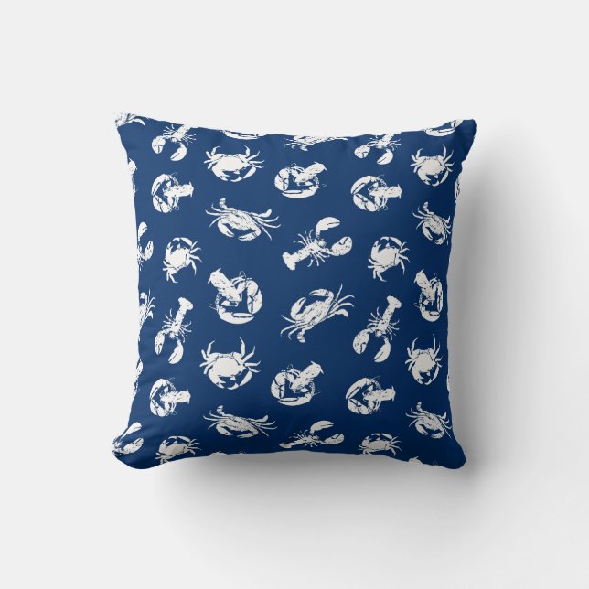 Navy Blue and White Crab and Lobster Patterned Throw Pillow (Front)