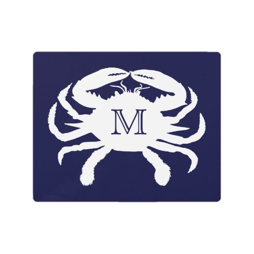 Navy Blue and White Crab Monogram Metal Print