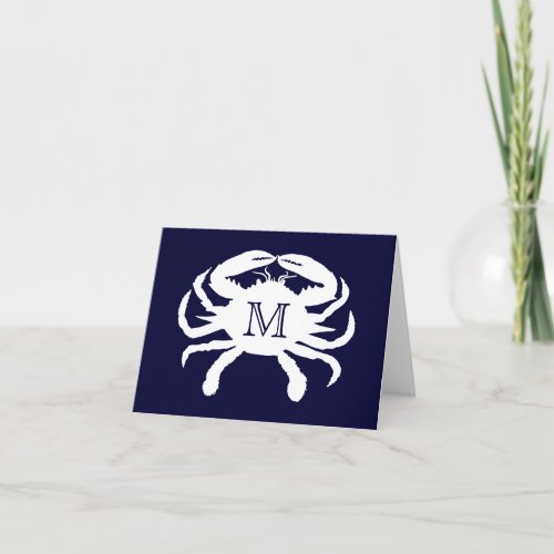 Navy Blue and White Crab Monogram Thank You Card