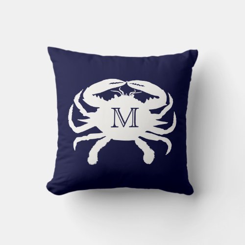 Navy Blue and White Crab Monogram Throw Pillow