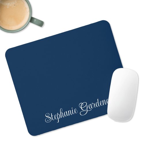 Navy Blue and White Curly Calligraphy Mouse Pad