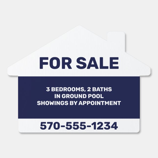 Navy Blue and White Custom House For Sale Lawn Sign (Front)