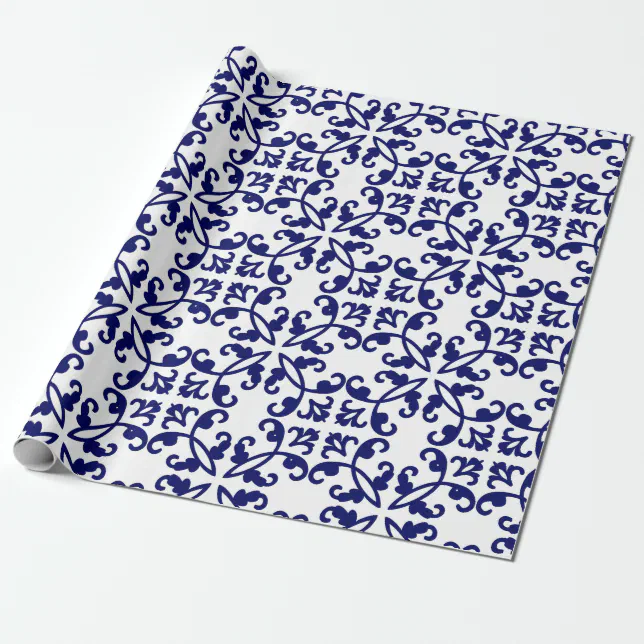 Navy Blue and White Damask Pattern Wrapping Paper Zazzle