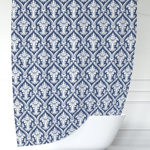 Navy Blue And White Damask Shower Curtain