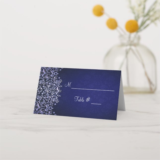 Navy Blue and White Damask Winter Wedding Place Card (Front)