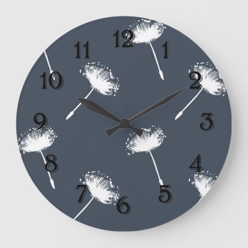 Navy Blue and White Dandelion Flowers Large Clock