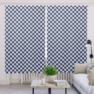 Navy Blue and White Diagonal Gingham Plaid Pattern Blackout Curtains