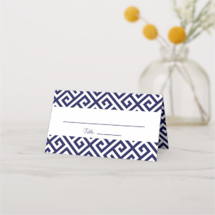 Navy Blue and White Diagonal Greek Key Pattern Place Card