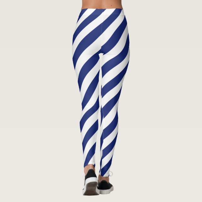 Navy Blue and White Diagonal Stripes Pattern Leggings (Back)