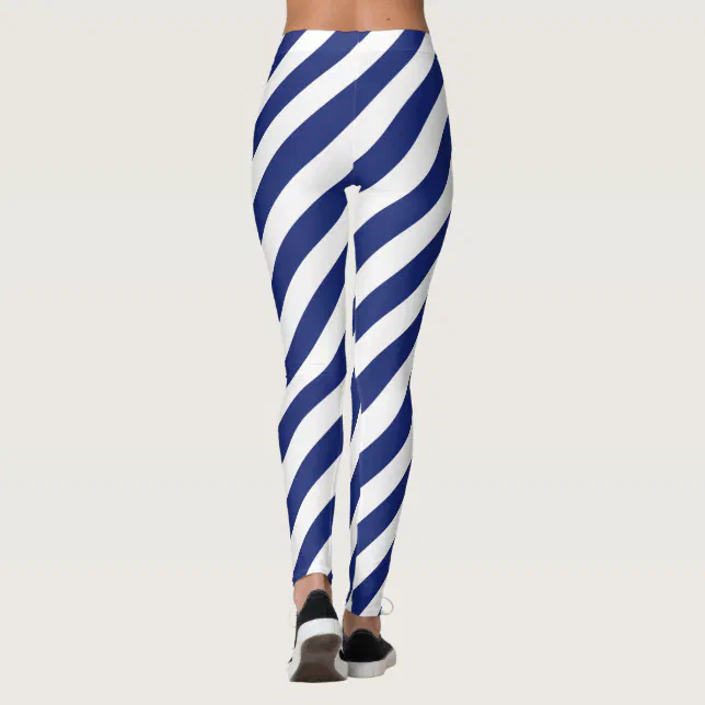 Navy Blue and White Diagonal Stripes Pattern Leggings | Zazzle