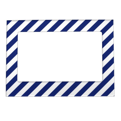 Navy Blue and White Diagonal Stripes Pattern Magnetic Photo Frame