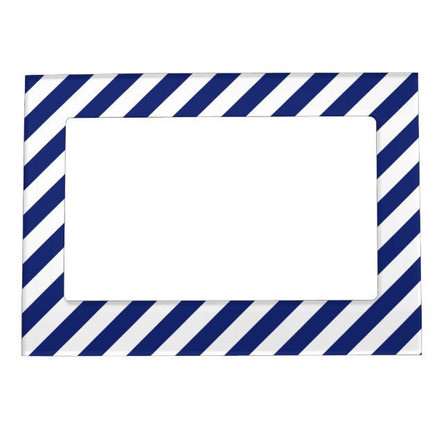 Navy Blue and White Diagonal Stripes Pattern Magnetic Photo Frame (Front)