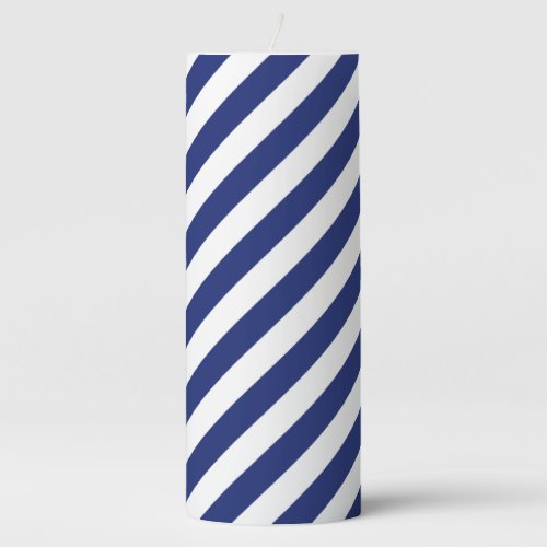 Navy Blue and White Diagonal Stripes Pattern Pillar Candle