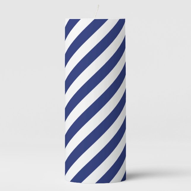 Navy Blue and White Diagonal Stripes Pattern Pillar Candle (Front)