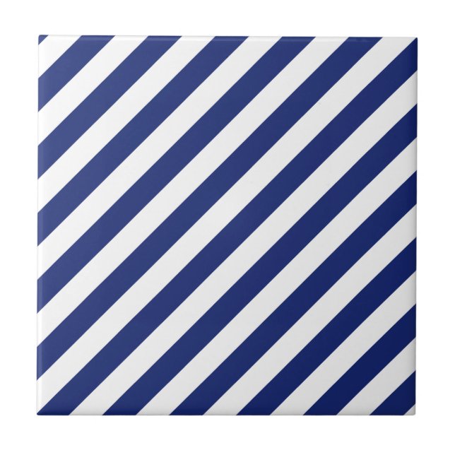 Navy Blue and White Diagonal Stripes Pattern Tile (Front)