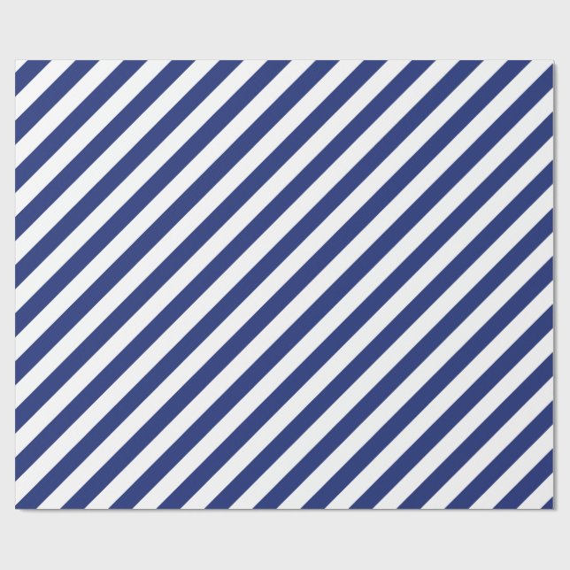Navy Blue and White Diagonal Stripes Pattern Wrapping Paper (Flat)