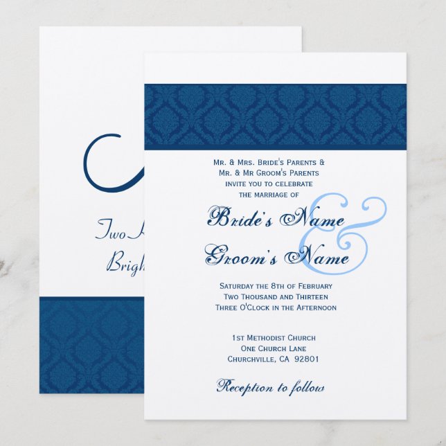 Navy Blue and White Diamond Damask Wedding Invitation (Front/Back)