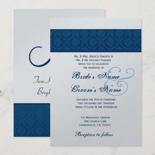 Navy Blue and White Diamond Damask Wedding Invitation
