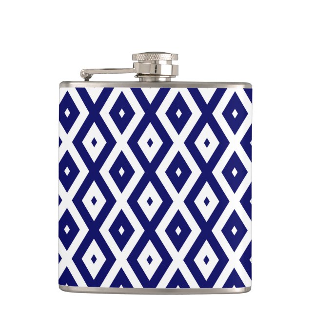 Navy blue and white diamond pattern flask (Front)