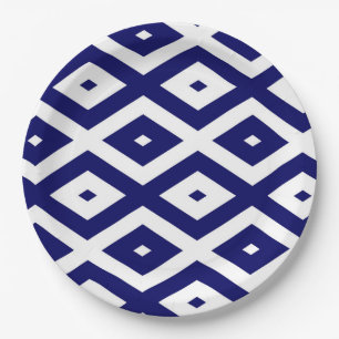 Navy blue and white diamond pattern paper plates