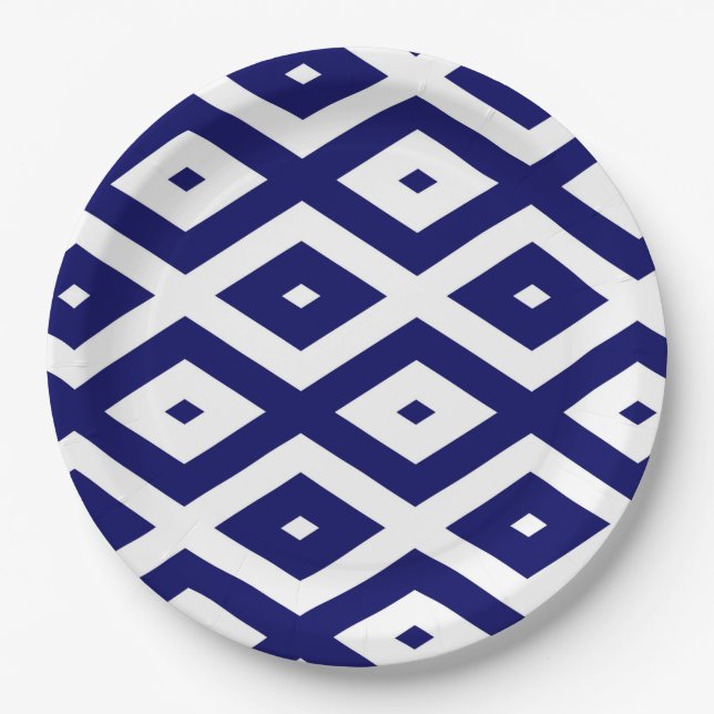 Navy blue and white diamond pattern paper plates (Front)