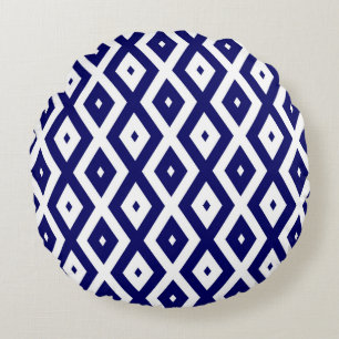 Navy blue and white diamond pattern round pillow