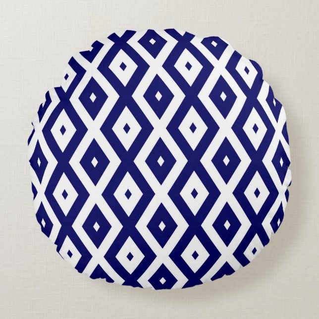 Navy blue and white diamond pattern round pillow (Front)