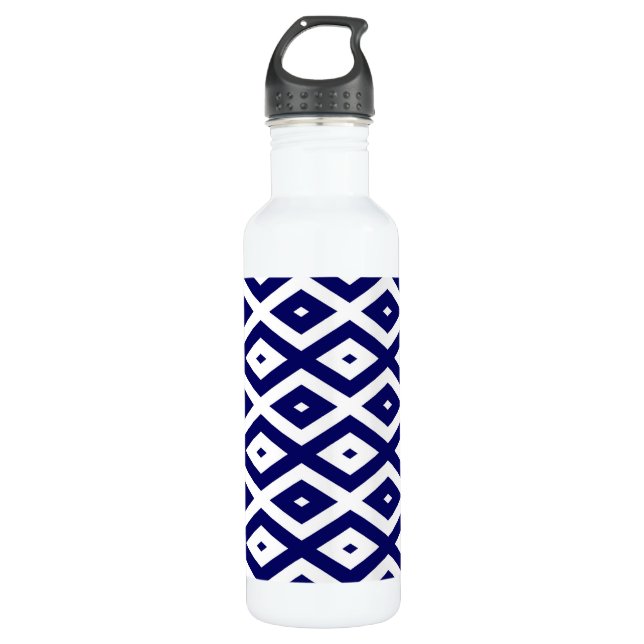 Navy blue and white diamond pattern stainless steel water bottle (Front)