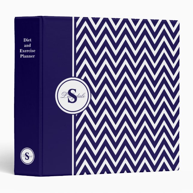 Navy Blue and White Diet and Exercise Planner 3 Ring Binder (Front/Spine)