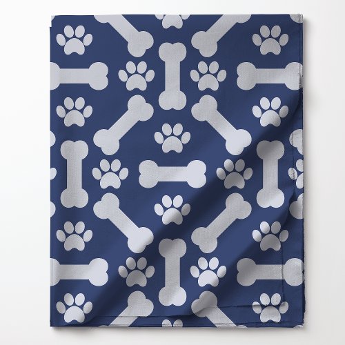 Navy Blue And White Dog Bones Paw Prints Pattern Fabric