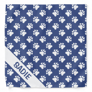 Navy Blue And White Dog Paw Pattern With Name Bandana
