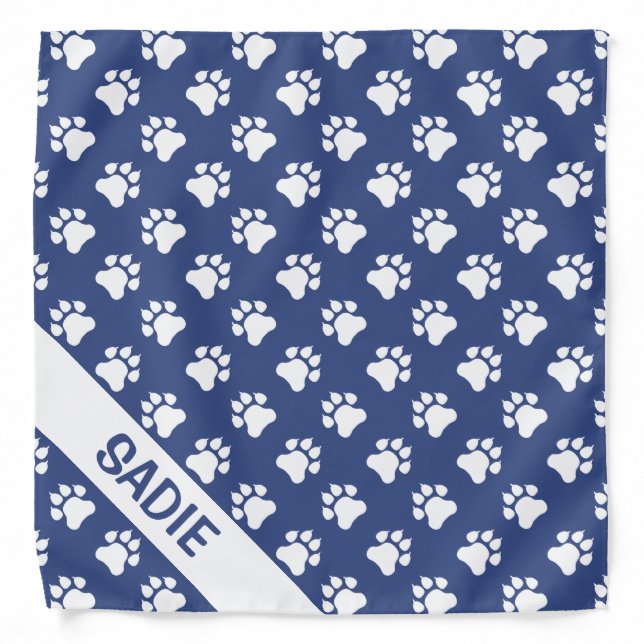 Navy Blue And White Dog Paw Pattern With Name Bandana (Front)