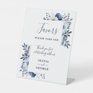 Navy Blue And White Elegant Floral Wedding Favors Pedestal Sign