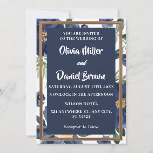 Navy Blue and white Elegant Floral Wedding Invitation
