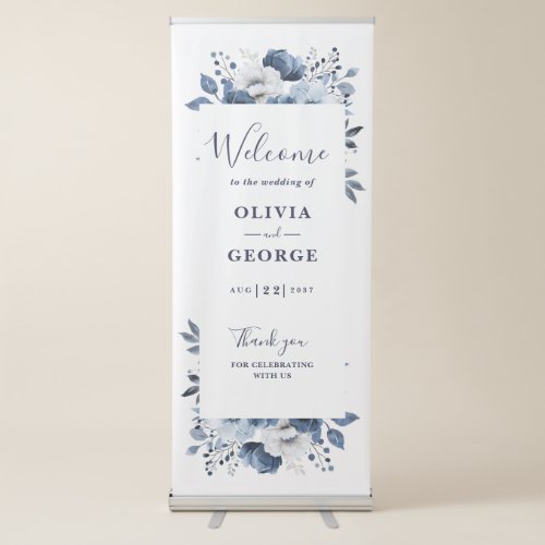 Navy Blue And White Elegant Floral Wedding Welcome Retractable Banner