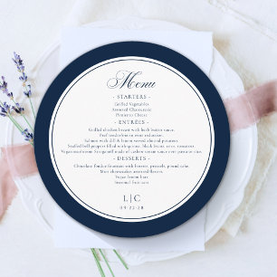 Navy Blue and White Elegant Round Wedding Menu