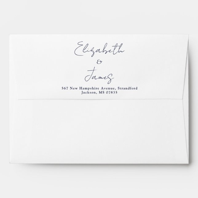 Navy Blue And White Elegant Script Return Address Envelope (Back (Top Flap))